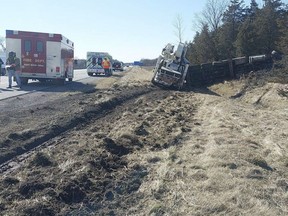 Heavy tow truck pulling a concrete truck crashed off the TransCanada Highway near Shannonville Tuesday afternoon