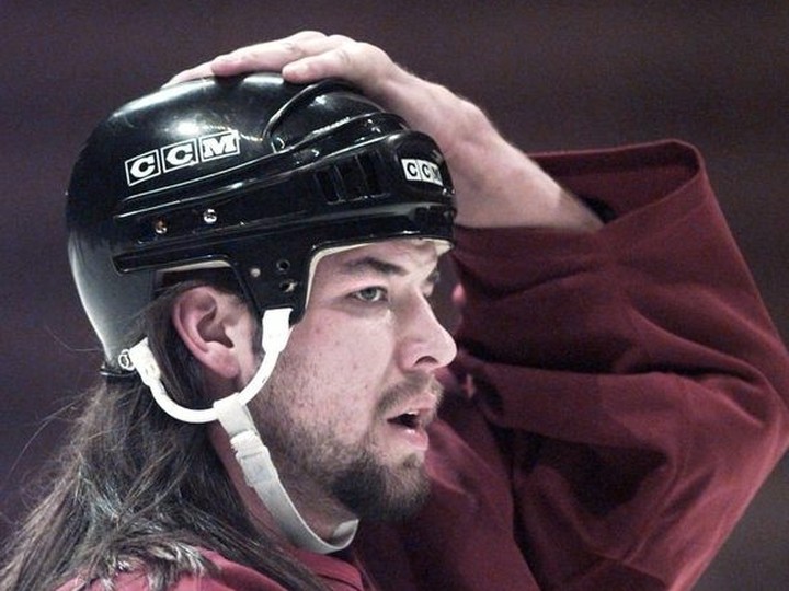  Chris Simon is seen at practice while he was a member of the Colorado Avalanche in April 1996. The Avs and Simon would go on to win the Stanley Cup that year.