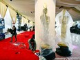 Oscars statues are placed in position as preparations continue on the red carpet on March 8, 2024, in Hollywood, Calif., for the 96th Academy Awards on March 10.