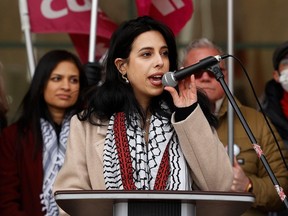 OTTAWA - Mar 26, 2024 -- Sarah Abdul-Karim of the Palestine Youth Movement, speaks at a rally at City Hall in Ottawa.