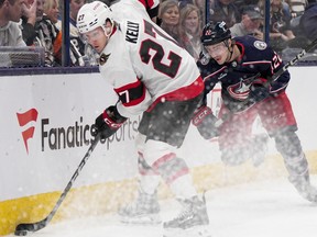 Ottawa Senators left wing Parker Kelly (27) controls the puck in a game against Columbus Blue Jackets.