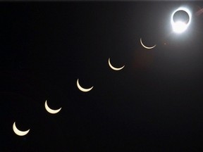 File: The progression of a total solar eclipse is seen in a multiple exposure photograph taken in five-minute intervals, with the moon passing in front of the sun above Siem Reap in northwestern Cambodia, 225 kilometres (140 miles) from Phnom Penh, on Tuesday, Oct. 24, 1995.
