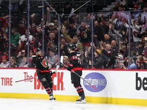 Claude Giroux of the Ottawa Senators celebrates his first-period goal against the Chicago Blackhawks.