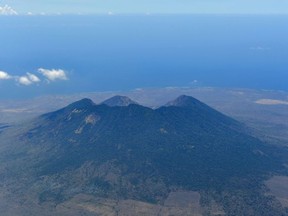 Mount Ijen volcano in Banyuwangi, taken from an airplane on November 3, 2018.