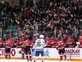 Fans at the CAA Arena and the Belleville Senators celebrate after a Zack Ostapchuk goal in the first period on Wednesday night.