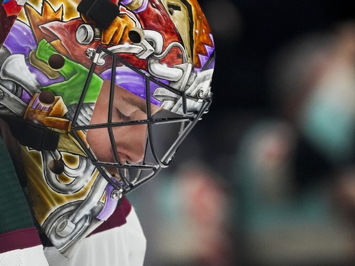  Arizona Coyotes goaltender Karel Vejmelka looks down during the third period of a game against the Seattle Kraken last Tuesday.