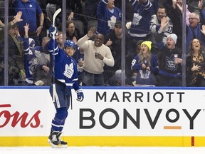 Toronto Maple Leafs' William Nylander (88) celebrates a goal against the Edmonton Oilers during first period NHL hockey in Toronto, Saturday, March 23, 2024.