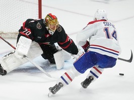 Montreal Canadiens centre Nick Suzuki fails to put the puck past Ottawa Senators goaltender Joonas Korpisalo during overtime in Ottawa on Saturday night. Korpisalo made 21 saves as the Senators defeated the Canadiens in a shootout, 5-4.