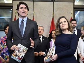 Prime Minister Justin Trudeau, left, and Deputy Prime Minister and Minister of Finance Chrystia Freeland pose for a photo before the tabling of the federal budget on Parliament Hill in Ottawa, on Tuesday, April 16, 2024.