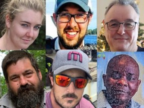 A composite of the victims of the Jan. 13, 2022 explosion and fire at Eastway Tank, Pump & Meter Ltd. Clockwise from top left: Kayla Ferguson, Danny Beale, Rick Bastien, Etienne Mabiala, Matt Kearney and Russell McLellan.