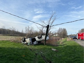 A driver escaped without serious injury Saturday when a vehic;e left Hwy 15, bringing a hydro pole down.