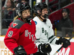 Boston forward Jamie Lee Rattray celebrates her goal as she skates past Ottawa forward Daryl Watts during first-period PWHL action in Ottawa on Wednesday, April 24, 2024.