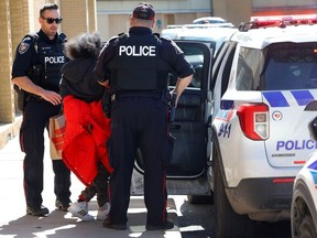Ottawa Police Service officers put an unidentified individual into a police vehicle at the Billings Bridge Shopping Centre on Tuesday afternoon.