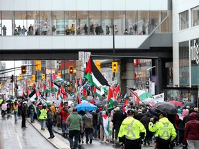 Palestinian supporters march on Saturday
