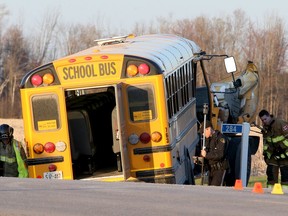 Three children and the driver of a school bus were taken to hospital with non-life-threatening injuries Monday after the bus collided with a truck along Route 400 at MacDonald and Leclerc roads in Russell Township on Monday afternoon.