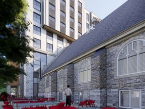 A rendering for a proposed 113-unit residential building that would be "built around" the historic All Saints Church on Chapel Street in Sandy Hill.