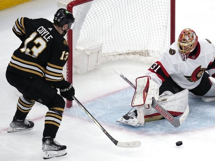  Ottawa Senators goaltender Anton Forsberg makes a save on a shot by Bruins centre Charlie Coyle during the second period on Tuesday night in Boston.