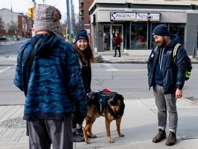 Community Engagement Team (CET) member Rachel Douglas, centre, alongside service dog Kobe and fellow CET member Terrence Lei, speak to a member of the community (name withheld) in the Centretown neighbourhood in Ottawa on Tuesday Feb. 27, 2024.