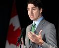 总理贾斯汀·特鲁多于 2024 年 3 月 15 日与魁北克省省长弗朗索瓦·莱戈会面后对记者发表讲话。