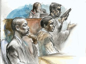 A courtroom sketch from the 2010 trial in Toronto shows Tyshaun Barnett, left, and Louis Woodcock, middle, along with a Crown attorney and the judge. Last week, Barnett was found guilty of shooting a man in Vanier in 2022, causing non-fatal injuries.