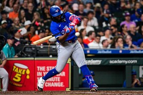 Vladimir Guerrero Jr. #27 of the Toronto Blue Jays bats in the fourth inning against the Houston Astros at Minute Maid Park on April 01, 2024 in Houston, Texas.