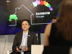 Lenny Emson, Capital Rainbow Refuge's executive director makes an announcement unveiling an LGBTQI+ refugee house in Ottawa.