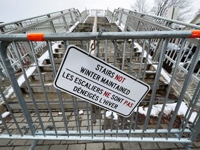 A blocked staircase to the Flora Footbridge. Thursday, Nov. 17, 2022.