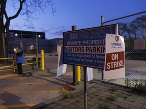 Workers and Unifor members strike outside of Toronto’s Nestle plant after walking off the job Sunday, May 5, 2024.