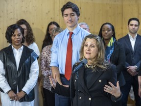 Deputy Prime Minister Chrystia Freeland speaks to media at Stationview YMCA Child Care Centre in St. Thomas, Ont., on Monday, May 13, 2024.