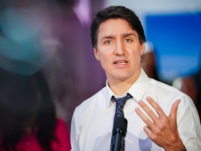 Prime Minister Justin Trudeau speaks during an announcement about measures in budget 2024 for youth and education at Wanuskewin Heritage Park near Saskatoon on Tuesday, April 23, 2024.