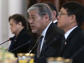 Philippines Foreign Affairs Secretary Enrique Manalo speaks during a bilateral meeting with Secretary of State Antony Blinken at Department of State in Washington, Friday April 12, 2024.