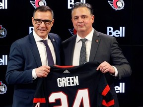 Ottawa Senators president of hockey operations and general manager Steve Staios introduces Travis Green as the team's new head coach Wednesday at the Canadian Tire Centre.