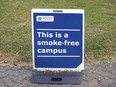 In a bold bid to stop young people from smoking, health officials in P.E.I. are proposing a ban on tobacco sales to anyone born after a certain date. A sign indicates that the University of Auckland campus is smoke-free, shown in Auckland, New Zealand, on Thursday, Dec. 9, 2021.