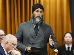 NDP leader Jagmeet Singh rises during during question period in the House of Commons on Parliament Hill in Ottawa on Monday, April 29, 2024. Singh is warning Conservatives to back down from attempts to block pharmacare legislation, as the House of Commons prepares to vote on the bill for the first time.