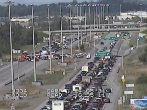 An image from a traffic camera on Highway 417 near Carp Road shows the traffic impact of the crash in the west end on Friday afternoon.