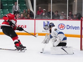 The Belleville Senators' Zack Ostapchuk gets in alone, but is stopped by Cleveland goalie Jet Greaves during the first period at the CAA Arena in Belleville on Wednesday, May 1, 2024. Ostapchuk left the game later in the period after taking a hit and did not return.
