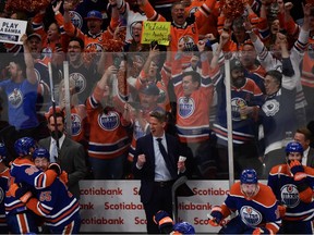 Oilers head coach Kris Knoblauch, players and fans celebrate on June 2 after Edmonton beat the Dallas Stars 2-1 in Game 6 of the Western Conference final to book a spot in the Stanley Cup final against Florida.