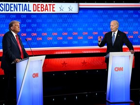 Former U.S. president and Republican presidential candidate Donald Trump participates in the first presidential debate of the 2024 elections with U.S. President Joe Biden at CNN's studios in Atlanta on June 27, 2024.