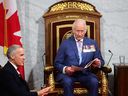 King Charles III delivers the Speech from the Throne at the opening of Parliament in the presence of Prime Minister Mark Carney on May 27, 2025.