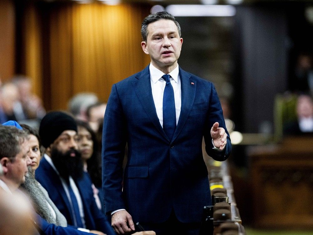 Conservative Party leader Pierre Poilievre stands up during question period in the House of Commons on Parliament Hill on Monday, October 20, 2025.