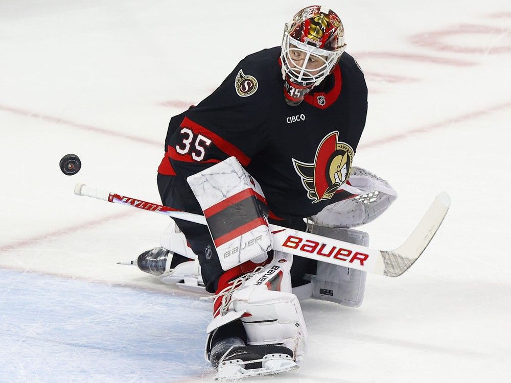 Ottawa Senators goaltender Linus Ullmark watches the puck during a game against the Nashville Predators this season.