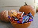 Halloween candies and pumpkins.