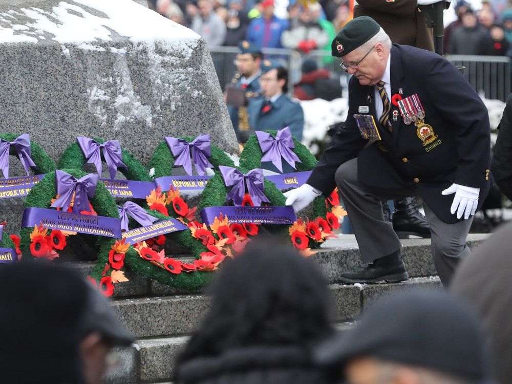 Wreaths are laid at the National War Memorial during the Remembrance Day ceremony on 11 November 2025.