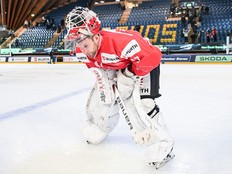 Team Canada goalkeeper James Reimer is seen during the Spengler Cup in December 2025.