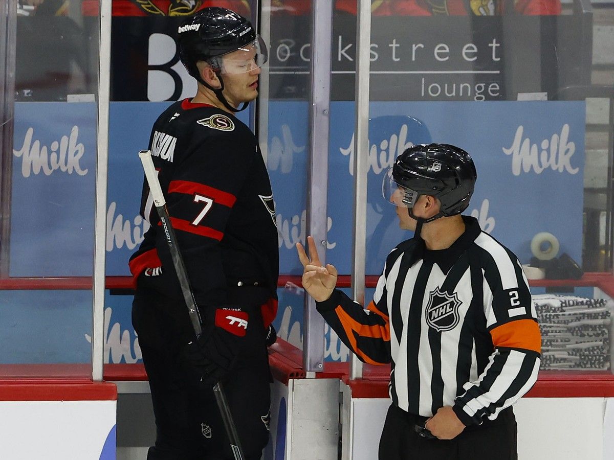 Brady Tkachuk makes his way into the penalty box during a game at the Canadian Tire Centre on April 23, 2026.
