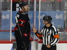 Brady Tkachuk makes his way into the penalty box during a game at the Canadian Tire Centre on April 23, 2026.