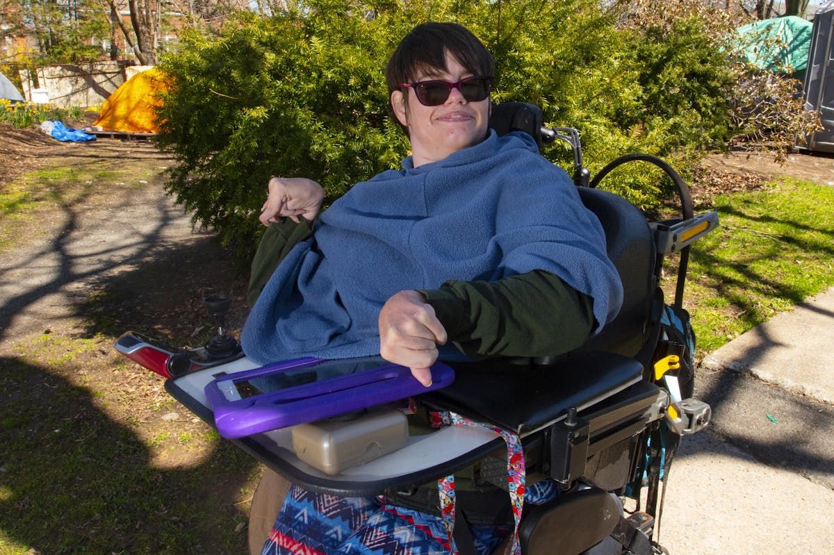  vicky levack, a longtime advocate for nova scotia’s disabled community, speaks to media near a tent encampment in this file photo. – ryan taplin