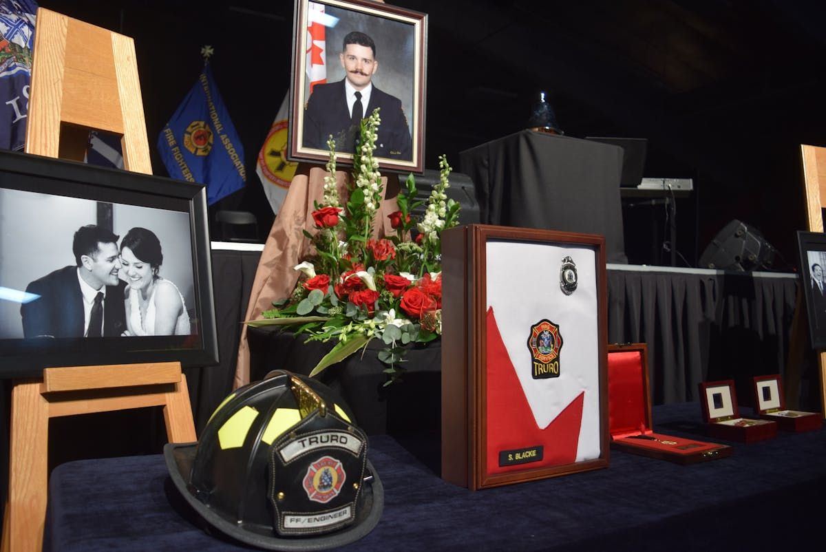  a regimental funeral for truro firefighter skyler blackie was held march 30, 2019, at colchester legion stadium. blackie died in hospital 11 days after he suffered a critical head injury when a fire extinguisher exploded during a training exercise at the nova scotia firefighters school in waverley.