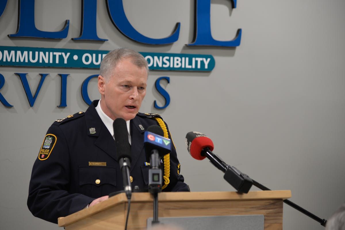 Chief Brad MacConnell of the Charlottetown Police Services speaking to the media on Jan. 26, 2024. At that press conference, MacConnell announced that Todd Joseph Gallant, 56, of Souris, has been charged with first-degree murder and interfering with human remains in the 1988 murder of Byron Carr. - Terrence McEachern/SaltWire