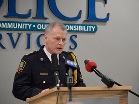 Chief Brad MacConnell of the Charlottetown Police Services speaking to the media on Jan. 26, 2024. At that press conference, MacConnell announced that Todd Joseph Gallant, 56, of Souris, has been charged with first-degree murder and interfering with human remains in the 1988 murder of Byron Carr. - Terrence McEachern/SaltWire